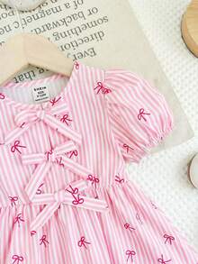 LMoss Kids 女婴编织条纹蝴蝶结花瓣袖休闲连衣裙 - 彩色 - 查看 6