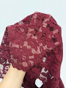 SHEIN PETITE 女士蕾丝性感透视镂空露肩长袖上衣，酒红色，适合圣诞节、万圣节、亡灵节、秋冬季叠穿，红色上衣，圣诞节 - 酒紅色 - 查看 8
