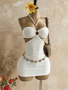 Soleia 女士性感露背吊带迷你连衣裙，度假风 - 杏色 - 查看 3