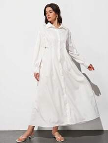 Maija Plus Size Women's Silky White Shirt Collar Long Puff Sleeve Cinched Waist Flared Hem Dress,Autumn Smart Casual Everyday Urban Business Modest Outfits - White - View 3
