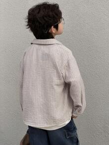 DAZY 男童条纹落肩长袖单排扣休闲衬衫 - 卡其色 - 查看 7