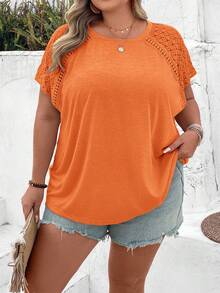 SHEIN CURVE+ Plus Size Color Block Lace Splicing Short Sleeve T-Shirt, Suitable For Beach Vacation In Summer Boho Vacation - Orange - View 4
