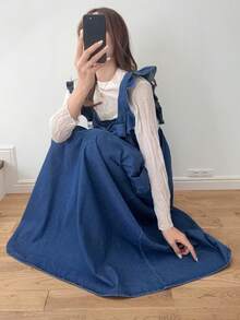 FRIFUL Women's Knotted Frill Trim Denim Dress - Blue - View 4