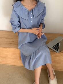 DAZY Lovely Contrast Color Ruffle Embroidered Hem Midi Nightgown For Women Pajamas - Blue - View 4