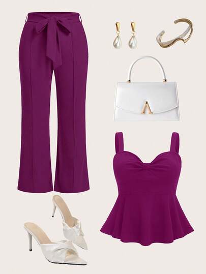 Ellevyn Conjunto elegante de top de tirantes de unicolor y pantalones con cintura anudada de talla grande