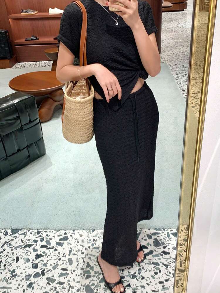 2pcs/Set Women's Asymmetric Design Round Neck T-Shirt + Skirt Set