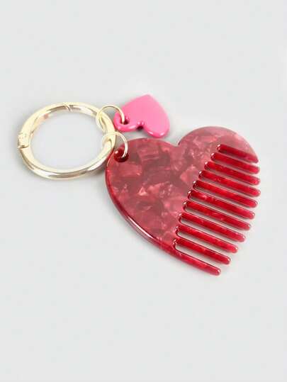 ROMWE Kawaii Retro Red Heart Shape Ins Style Acetic Acid Material Hair Comb Heart Shape Portable Keychain
