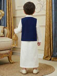 2pcs/Set Vintage Star & Moon Print Vest + Stand Collar Long Shirt, Casual Outfit For Young Boys, Suitable For School, Birthday, Spring, Summer, Autumn - Multicolor - View 2