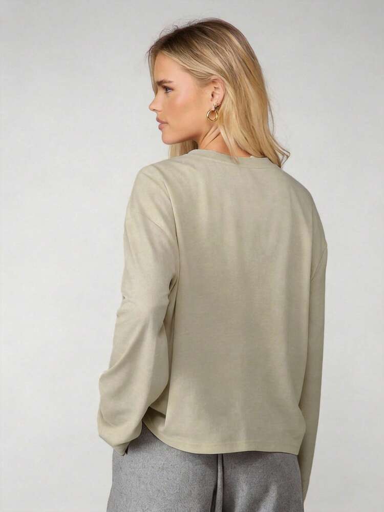 MISSGUIDED Button Through Long Sleeve Pullover Top With Henley Collar And Ribbed Cuffs For Casual Autumn Winter Layering