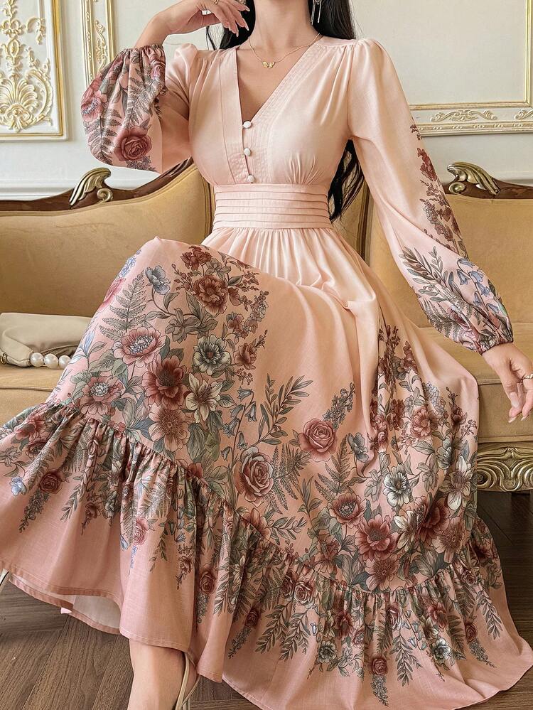 Vintage Print Waist Cinched Dress, High-End Luxurious Elegant Vacation Style Long Dress For Women Maxi Dress Sundress Boho