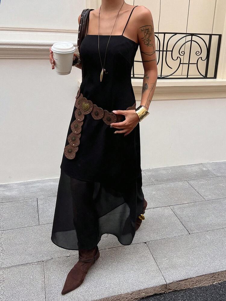 Women's Solid Color Mesh Patchwork Hem Casual Camisole Dress Summer Sun Dresses For Women
