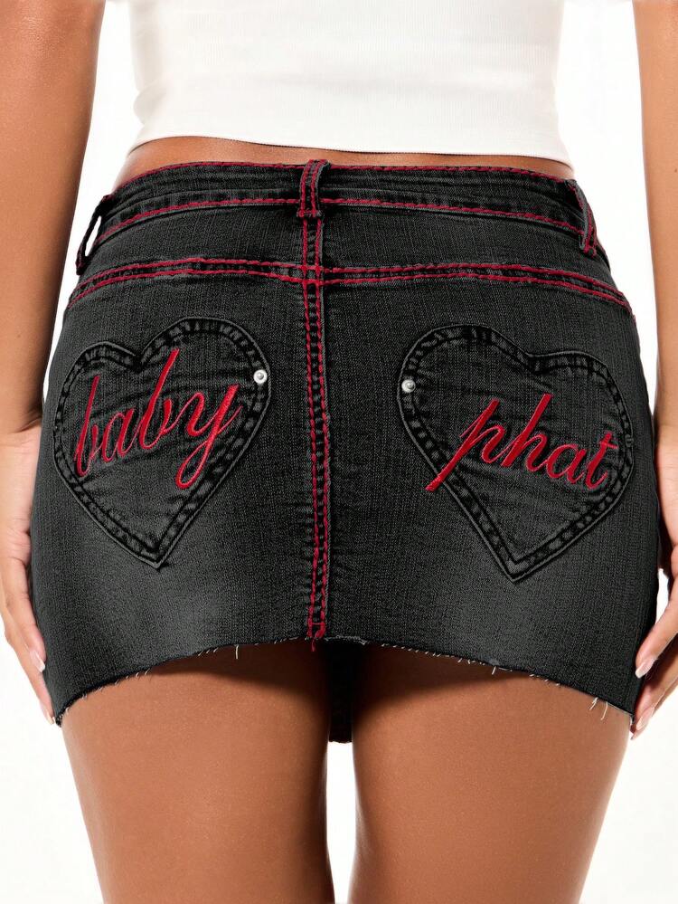 BABYPHAT Damska mini spódniczka jeansowa z kieszeniami w kształcie serca, czarna, jeansowa, haftowana, swobodna, uliczna