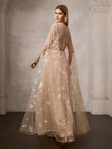 MOTF PREMIUM VESTIDO FORMAL DE MUJER NUEVO DE COLOR ALBARICOQUE CON CAPA DE MALLA BORDADA, VESTIDO LARGO CON CUELLO EN V PROFUNDO Y CINTURA CEÑIDA, VESTIDO DE NOCHE DE ESTILO DE PASARELA DE LUJO - Albaricoque - Ver 1