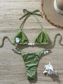 Swim Chiccia Women's Jacquard Fabric Beaded Halter Bikini Set, Spring/Summer - Army Green - View 3