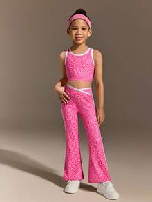 SHEIN 女童粉色豹纹背心和裤子套装，高弹面料 - 粉色 - 查看 6