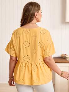 Rosumi 大码夏季休闲纯色镂空刺绣衬衫，休闲春夏海滩度假波西米亚风黄色娃娃衫，夏季上衣 - 黃色 - 查看 2
