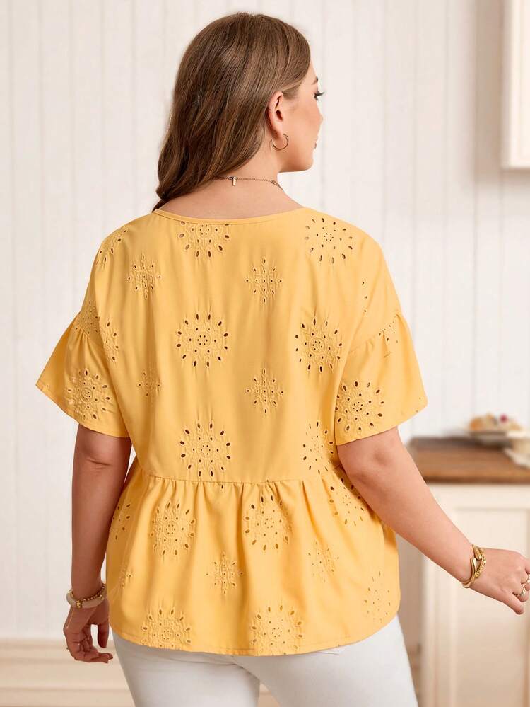 Plus Size Summer Casual Solid Color Hollow Out Embroidery Blouse, Casual Summer Spring Beach Vacation Bohemian Yellow Babydoll Top, Summer Tops