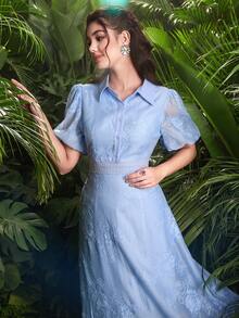 Modelyn Collared Waist Drawstring Puff Sleeve Blue Embroidered Dress - Blue - View 6