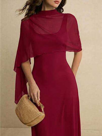 Poéselle Women's Solid Color Stand Collar Fitted Elegant Long Dress, Minimalist Summer Winery Dresses For Women Maroon Dress Dress With Neck Scarf Elegant Midi Dress Burgundy Bridesmaid Dress Maroon Dresses For Women Red Elegant Dress Women Burgundy Dress Elegant Women Wine Red Dress