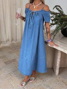 DAZY Women's Summer Spaghetti Strap Off-Shoulder Dress, Loose Straight Casual Denim Dress - Medium Wash - View 2