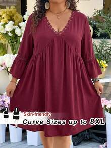SHEIN CURVE+ Đầm linen trắng tay loe dáng bohemian cỡ lớn, thích hợp mặc đi nghỉ mát, phong cách Boho. - Màu Đỏ Sâu - Xem 1