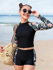 SHEIN Teen Girl Raglan Sleeve Tropical Plant Print Top And Shorts Swimsuit Set - Black - View 3