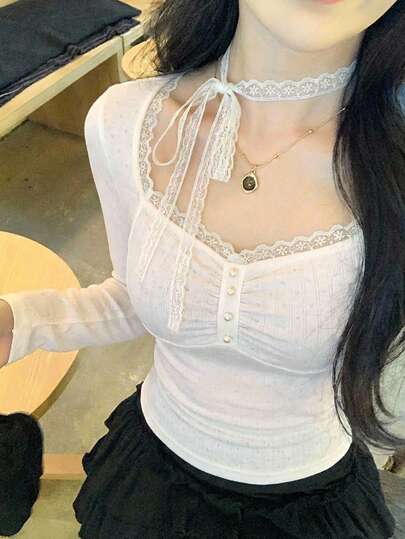 DAZY Women's Elegant Lace-Up Long Sleeve T-Shirt, Spring/Autumn