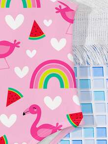 SHEIN Cute Hand-Painted Flamingo, Rainbow, Watermelon Pattern Baby Girls Casual Slim-Fit One-Piece Swimsuit, Suitable For Summer Vacation And Beach, #Coconutgirl - Pink - View 7