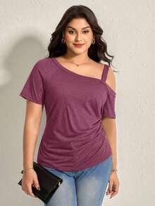 Comfylo 大码女式纯色不对称领短袖侧扣休闲T恤 - 中紫紅色 - 查看 5