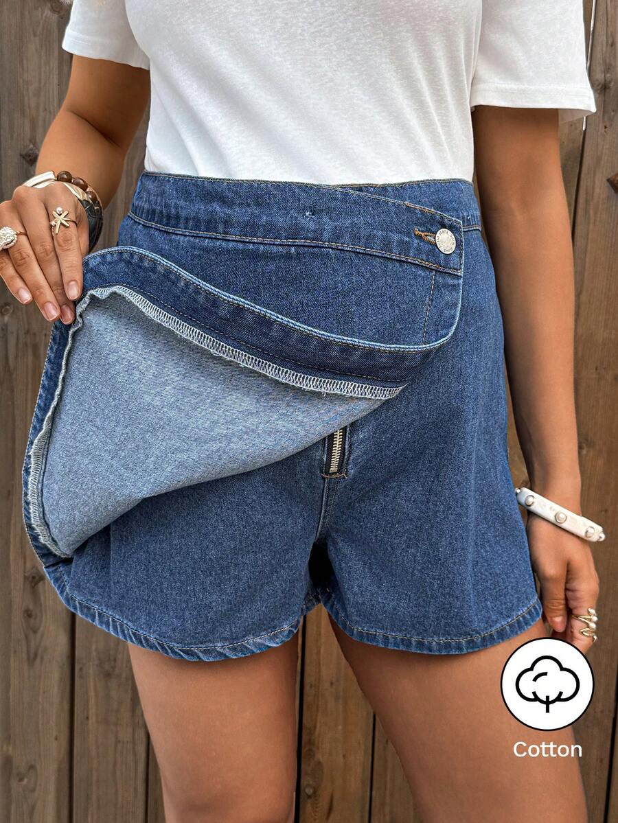 SHEIN 孕妇休闲日常通勤重叠腰牛仔短裙,春夏嘉年华服装通勤度假毕业时尚Y2K可爱街头风派对婚礼优雅商务休闲女式牛仔短裙 - 藍色 - 查看 1