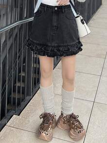 FRIFUL Minifalda de mezclilla lavada con volantes en el bajo para mujer - Negro - Ver 7