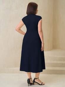 SHEIN Clasi Plus Size Elegant Button Decor Office Dress - Navy Blue - View 2
