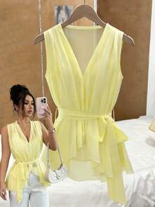 Elenzga 新款V领无袖薄纱性感系带优雅通勤度假百搭修身女式衬衫 - 黃色 - 查看 1