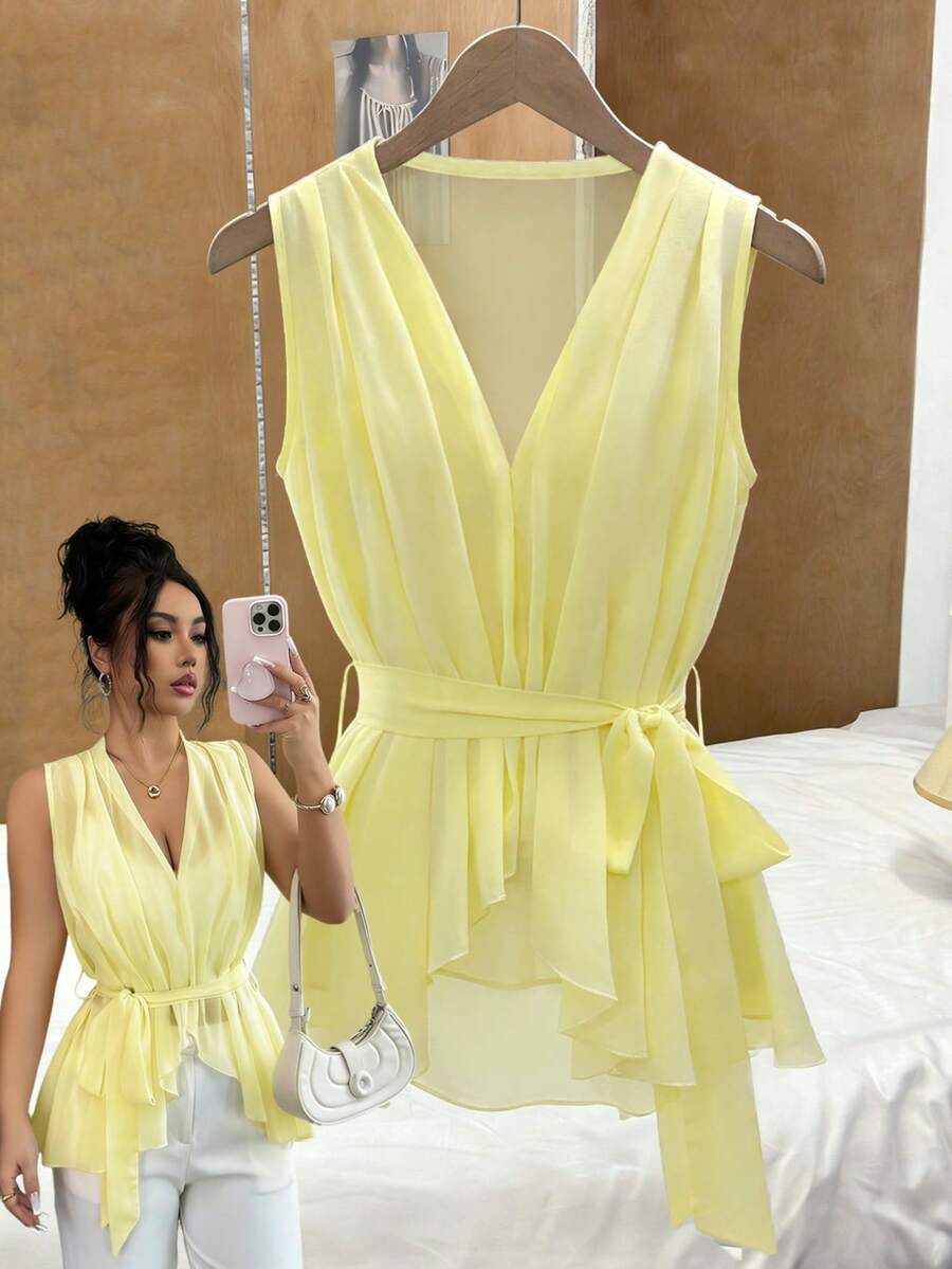 Elenzga 新款V领无袖薄纱性感系带优雅通勤度假百搭修身女式衬衫 - 黃色 - 查看 1