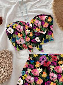 Soleia 女士印花抹胸上衣和短裤两件套，休闲夏季度假装 - 彩色 - 查看 8