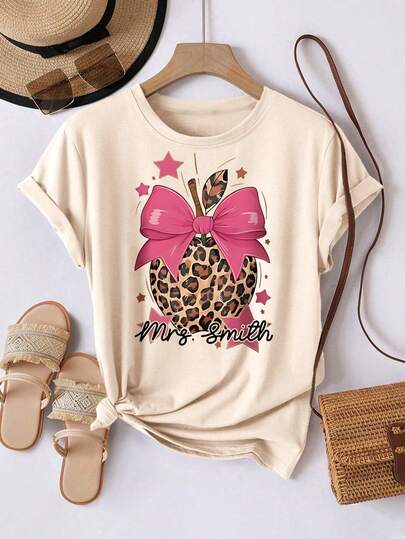 EMERY ROSE 大码女式休闲豹纹、苹果和蝴蝶结图案圆领短袖T恤