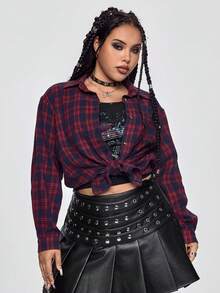 ROMWE Grunge Punk Plus Size Dark Punk Plaid Plus Size Boyfriend Style Shirt - Burgundy - View 3
