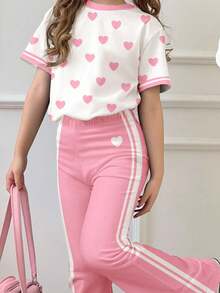 2 pièces/set Top à manches courtes avec motif cœur et short décontractés pour jeunes filles, convient pour l'été - Multicolore - Voir 5