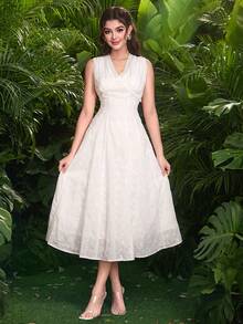 Modelyn Đầm midi dáng xòe không tay, cổ chữ V, thêu họa tiết, kiểu Pháp thanh lịch dành cho nữ. - trắng - Xem 9