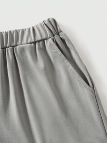 SHEIN Genkimix Kids 男童休闲运动日常穿着套装，包括圆领宽松字母印花短袖T恤和松紧腰宽松字母印花短裤，夏季男童篮球服 - 灰色 - 查看 6