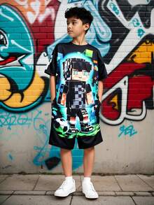 2pcs/Set Boys' Summer Short Sleeve T-Shirt And Shorts Set,Black Casual City Break Style,Digital Printing Anime Character Pixel Design,Loose Fit,Daily - Blue - View 10