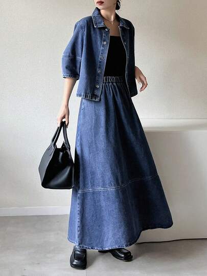 FRIFUL Women's Solid Color Minimalist Top And Denim Skirt Set