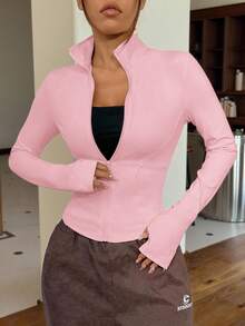 SHEIN EZwear 杏色针织修身女士长袖防晒外套，秋冬季款 - 粉色 - 查看 6