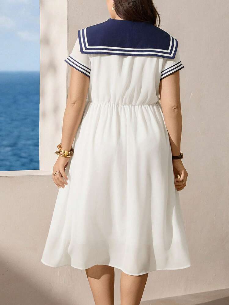 Zelara Vestido de verano casual de vacaciones con cuello azul marino para mujer de talla grande, vestido de mujer náutico de manga corta azul y blanco - Multicolor - Añade 2