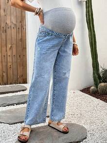 SHEIN Maternity Contrast Color Distressed Wide Leg Loose Casual Jeans Spring To Summer Carnival Costume Commuting Vacation Graduation Chic Y2k Cute Streetwear Party Wedding Elegant Business Casual Woman Women's Maternity Blue Washed Wide Leg Jeans With Comfort Panel - Blue - View 6