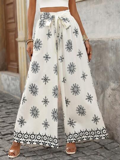 Brillora Women's Summer Vacation Casual Loose Waist Tie Allover Print Pants,Spring/Summer Boho Pants Boho Two Piece Set Wide Leg Summer Pants Palazzo Pants Women Women Wide Leg Pants,Plain/Plaid/Striped/Casual