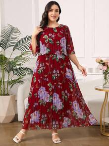 SHEIN Clasi Plus Size Elegant Geometric Print Chiffon Ruffle Hem Dress, Summer - Burgundy - View 1