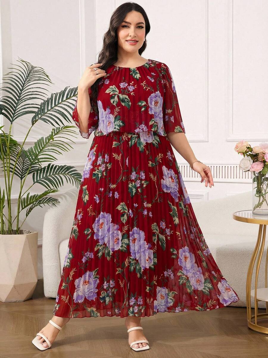 SHEIN Clasi Plus Size Elegant Geometric Print Chiffon Ruffle Hem Dress, Summer - Burgundy - View 1
