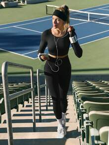 GLOWMODE Second-Skin Seamless Cardio Crusher Soft Lightweight Sweat-Wicking Removable Cups Thumbholes Long Sleeve Mesh Front Crop Top Training Running Workout Gym Studio Daily Active Wear - Black - View 7