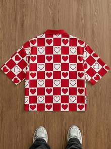 SWAVVY Men's Casual Everyday Commute Romantic Valentine's Day Heart Checkerboard Print Loose Fit Shirt, Summer - Red - View 6